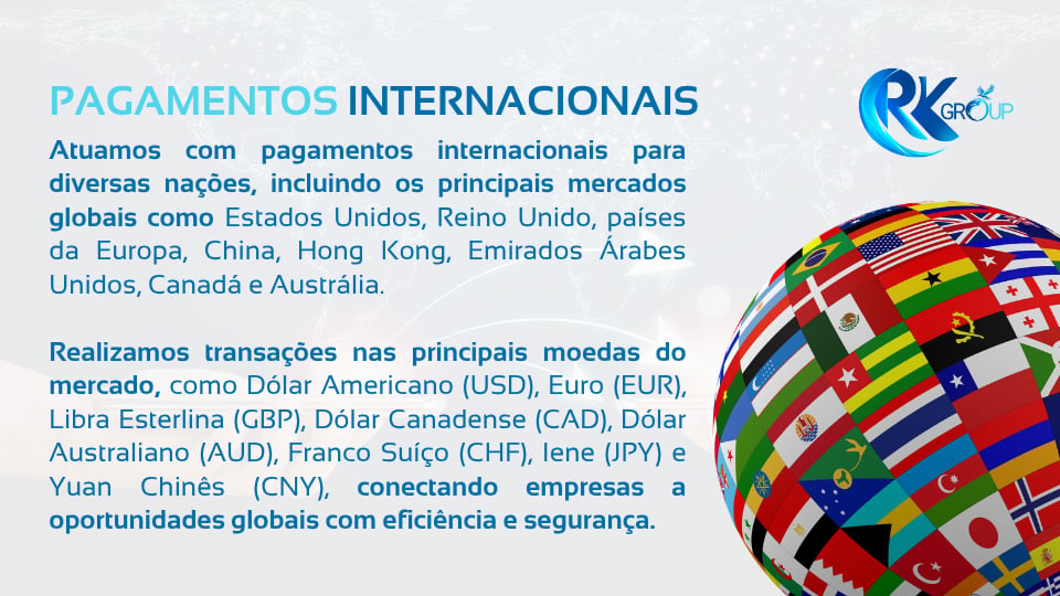 Pagamentos internacionais — moedas e países atendidos